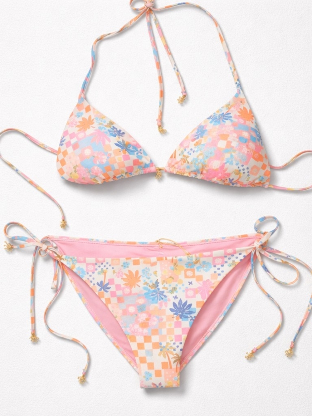 Escape to Paradise XL Bikini Set Pink Floral Checkered Tie Side NWT